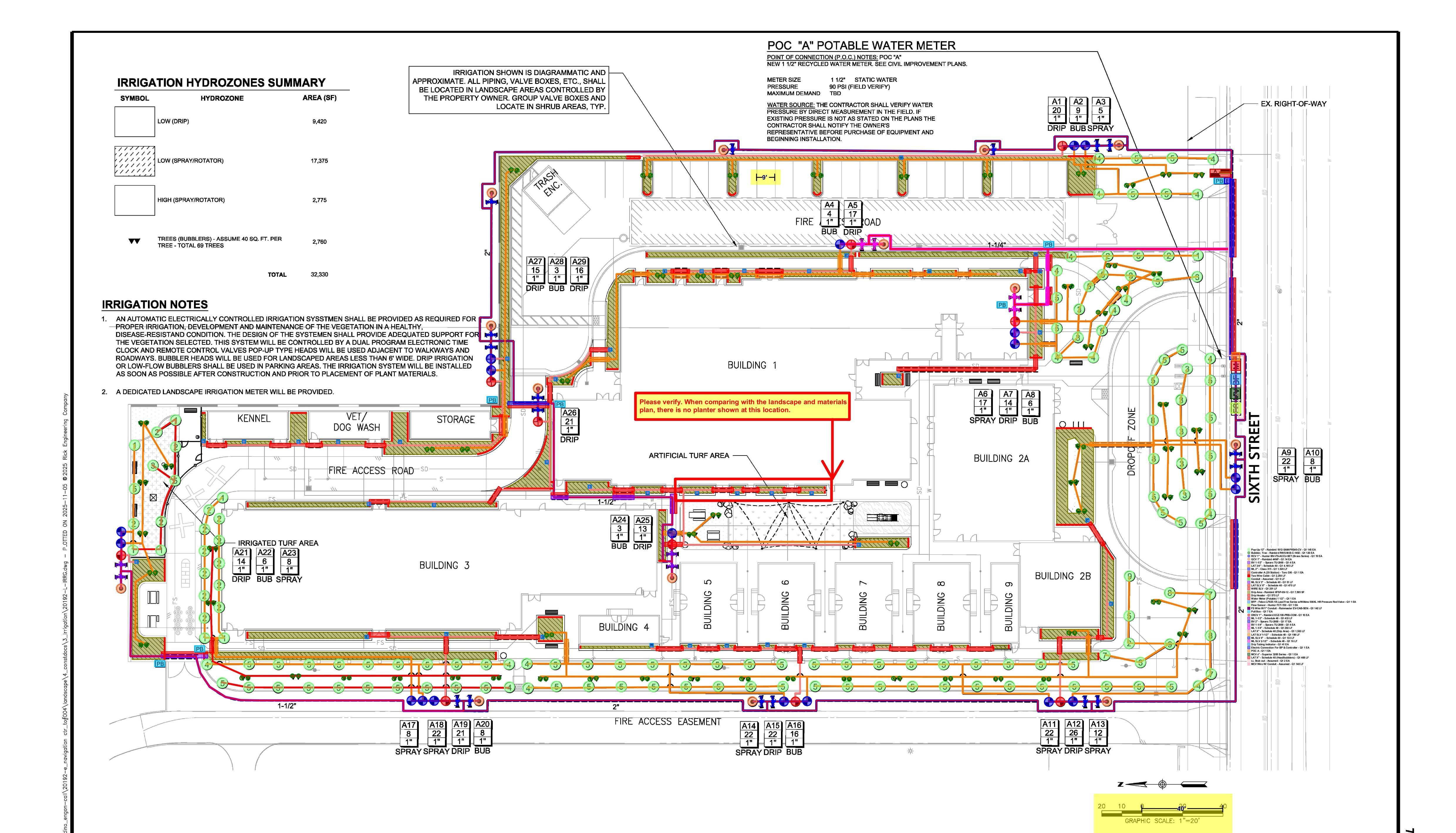Commercial landscaping and irrigation layout used for earthwork and exterior takeoff services.
